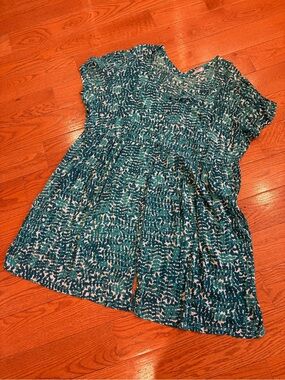 Woman Within 3X Teal Botanical Print Midi Dress Button Front Boho Cottagecore